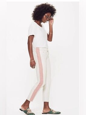 MOTHER The Looker Ankle Fray Jeans Ivory Pink Stripe Size 26